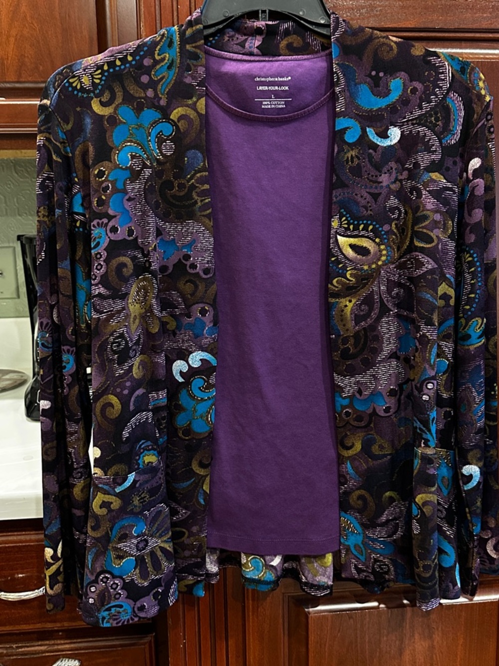 Chico's 2 10/12 Paisley Open-Front Cardigan with Christopher & Banks  Purple Tee